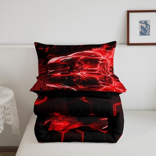 Feelyou Race Car Flame Comforter Set for Kids Boys Teens King Size Speed Sports Bedding Set Ultra Soft Honeycomb Duvet Quilt Cool Modern Grid Comforter Bedroom Decor Extreme Sports Duvet Quilt