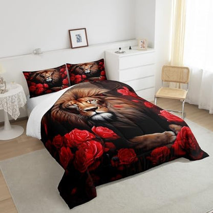 Lion Rose Comforter Set Queen Size,Tropical African Animal Bedding Set for Kids Teens Adults Room Decor,Wildlife Floral Nature Theme Duvet Insert 3Pcs,Red Flower Fierce Lion Quilt Set,2 Pillowcases