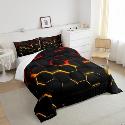 Manfei Honeycomb Comforter Set Queen Size Geometric Hexagon Bedding Set 3pcs for Kids Boys Teens Room Decor Yellow Red Neon Lights Duvet Insert Modern Fashion Luxury Down Comforter with 2 Pillowcases