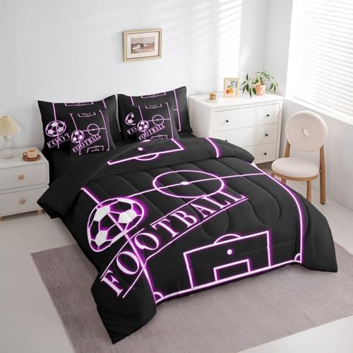 Erosebridal Teens Soccer Bedding Comforter Sets 7pcs Sports Bed in a Bag for Boys, Black Hot Pink Football Field Twin Bedding Sets Ball Gaming Comforter Set, Sport Gamer Bedding Sets & Collections