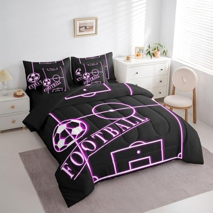 Erosebridal Teens Soccer Bedding Comforter Sets 7pcs Sports Bed in a Bag for Boys, Black Hot Pink Football Field Twin Bedding Sets Ball Gaming Comforter Set, Sport Gamer Bedding Sets & Collections