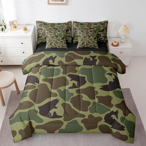 Erosebridal Fish Hunting Comforter Set King Size Army Camouflage Hunter Bedding Sets 7 Piece Rustic Wildlife Bed in a Bag Farmhouse Bass Fish Sheet Set with Comforter Vintage Army Green Decor