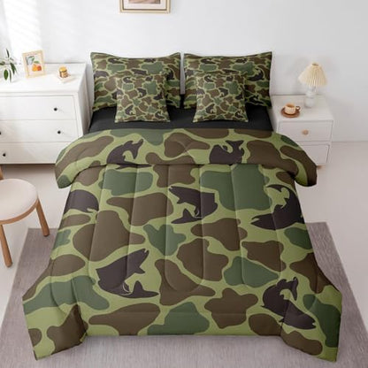 Erosebridal Fish Hunting Comforter Set Full Size Army Camouflage Hunter Bedding Sets 7 Piece Rustic Wildlife Bed in a Bag Farmhouse Bass Fish Sheet Set with Comforter Vintage Army Green Decor