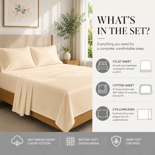 King Sheet Set, 400 Thread Count Cotton Bed Sheets King Size - Semolina