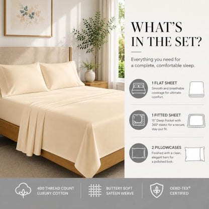 King Sheet Set, 400 Thread Count Cotton Bed Sheets King Size - Semolina