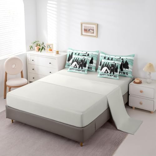 Erosebridal Happy Camping 7 Pieces Bedding Set Full Size,Camping Lover Bed in a Bag,Cabin Funny Bear Bed Set Includes Comforter,Sheet Set,Pillowcases & Pillow Covers,Green Wooden Plank Bedroom Decor