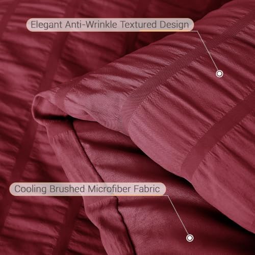 MUXHOMO 5 Pieces Twin Comforter Set, Seersucker Bed in a Bag Twin Size, All Season Luxury Bedding Set with Comforter, Flat Sheet, Fitted Sheet, Pillowcase & Sham, Burgundy
