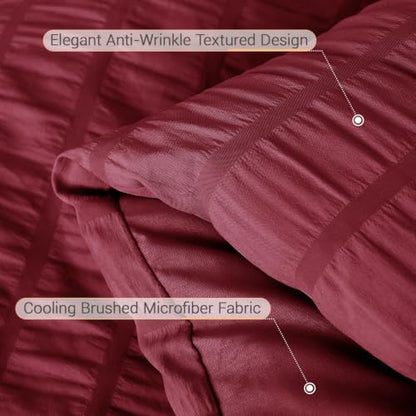 MUXHOMO 7 Pieces Oversized King Comforter Set, Seersucker Bed in a Bag Oversized King Size, All Season Luxury Bedding Set with Comforter, Flat Sheet, Fitted Sheet, Pillowcases & Shams, Burgundy