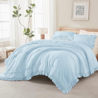 Andency Light Blue King Size Comforter Set, 3 Pcs Solid Farmhouse Bedding