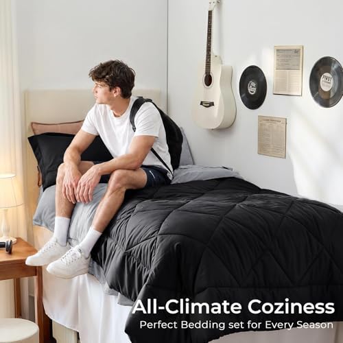 HEVUMYI 5-Piece Twin Comforter Set, Black & Light Grey Bed in a Bag