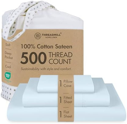 Threadmill 500 Thread Count Cotton Twin XL Sheet Set, Sateen, Light Blue
