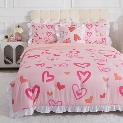 6 Pieces White Ruffle Comforter Set Twin Heart Bedding for Girls