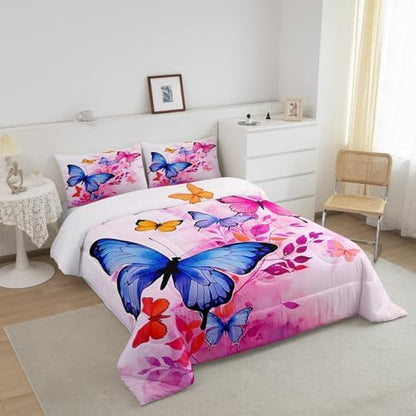 Blue Butterfly Comforter Set Full for Girls Pink Tie-Dye Bedding Rustic Garden Theme Bedding Comforter Set Colorful Butterfly Print Duvet Insert Dream Themed Quilt for Boys Teen Kids Flowers Bedding