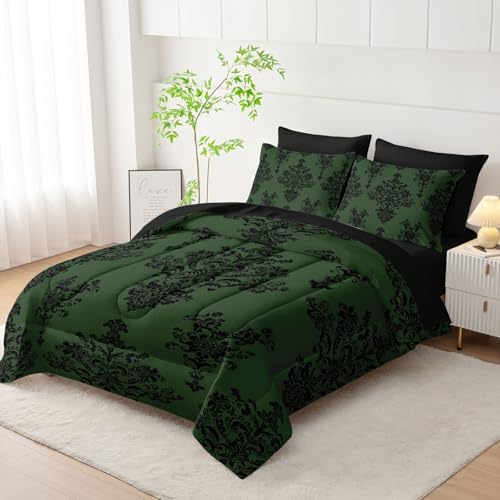 7Pcs Comforter Set Black Retro Pattern Printed Bedding Set with 1 Comforter,1 Flat Sheet,1 Fitted Sheet and 4 Pillowcases for Men and Women Bedroom All Season(Twin)