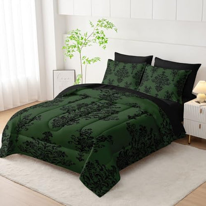 7Pcs Comforter Set Black Retro Pattern Printed Bedding Set with 1 Comforter,1 Flat Sheet,1 Fitted Sheet and 4 Pillowcases for Men and Women Bedroom All Season(King)