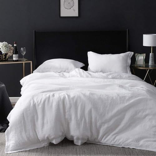 Simple&Opulence 100% Linen Duvet Cover Set with Embroidery Border Washed - 3 Pieces (1 Duvet Cover with 2 Pillow Shams) with Button Closure Soft Breathable Farmhouse - White, Full Size