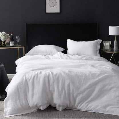 Simple&Opulence 100% Linen Duvet Cover Set with Embroidery Border Washed - 3 Pieces (1 Duvet Cover with 2 Pillow Shams) with Button Closure Soft Breathable Farmhouse - White, Queen Size
