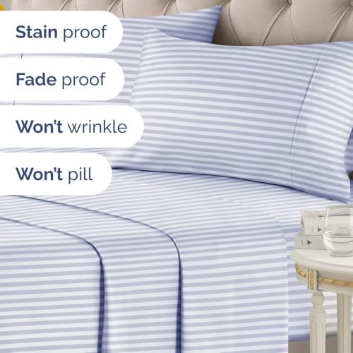 Full 4 Piece Striped Sheet Set - Soft, Breathable & Cooling - Blue Sky