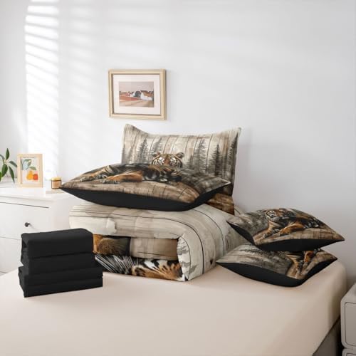 Erosebridal 3D Tiger Queen Comforter Set with Sheets 7 Piece Wild Animals Bed in A Bag Natural Hunting Wildlife Bedding Sets for Men Adults Vintage Woodland Forest Bed Set
