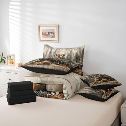 Erosebridal 3D Tiger Queen Comforter Set with Sheets 7 Piece Wild Animals Bed in A Bag Natural Hunting Wildlife Bedding Sets for Men Adults Vintage Woodland Forest Bed Set