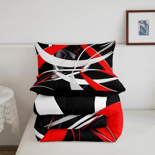 Feelyou Red Gray Black Comforter Toddler Size, Kids Geometrics Comforter Set Boys Girls Stripes Lines Comforter Abstract Duvet Insert with 1 Pillow Case