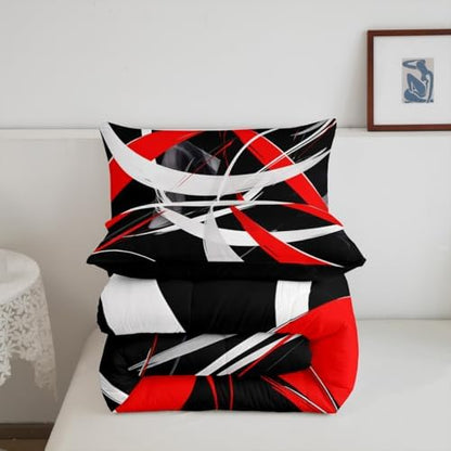 Feelyou Red Gray Black Comforter Toddler Size, Kids Geometrics Comforter Set Boys Girls Stripes Lines Comforter Abstract Duvet Insert with 1 Pillow Case