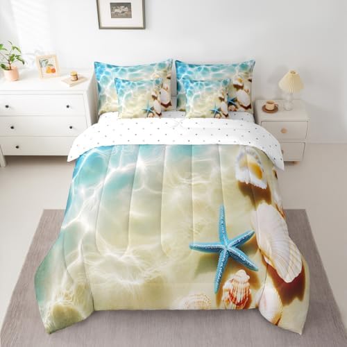 Erosebridal Ocean 7 Piece Bedding Set Queen Beach Comforter Set with Sheets Coastal Nature Bed in A Bag Hawaiian Sea Wave Animals Shell Starfish Bed Sets with 2 Pillowcases, 2 Throw Pillow Covers