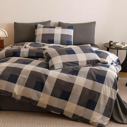 Wellboo Blue Plaid Comforter King Size Navy Blue and Grey Checkered Bedding