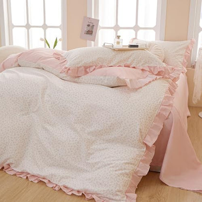 Pink Flower Comforter Set Twin XL 3 Pieces Ruffle Comforter Botanical Floral Pattern Romantic Princess Bedding Comforter Set with 2 Pillowcases Soft Fluffy Cottagecore Bedding Set for Teen Girls