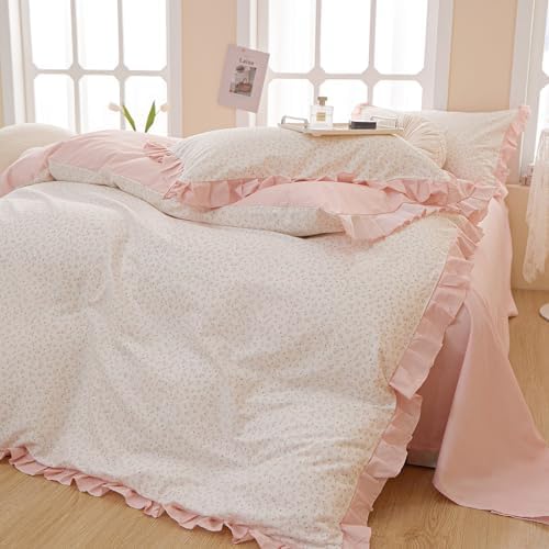 LifeTB Pink Flower Comforter Set Full Vintage Coquette Bedding Comforter Cottagecore Floral Comforter Set with Elegant Ruffles Soft Fluffy Lightweight Botanical Bedding Set for Girls Women