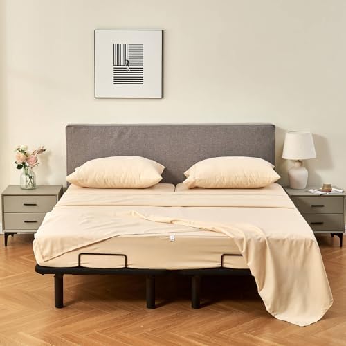 Kingnex 32-34 Split Top King Sheets Sets for Adjustable Bed Soft Double Brushed Microfiber 4 Pieces Include 1 Partial Flex Head King Fitted Sheet 1 Flat Sheet 2 King Size Pillowcase Beige