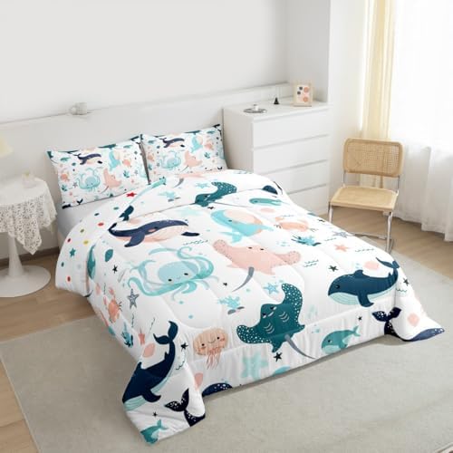 Kids Kawaii Whale Bedding Set Cute Dolphin Comforter Set for Girls Boys Children King Cartoon Crab Jellyfish Octopus Comforter Underwater World Quilt Duvet Ocean Animal Theme Bedroom Decor 3 Pcs