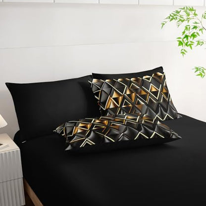 7 Piece Black and Gold Queen Comforter Set Geometric Pattern，Queen Quilt Bedding Set Checkered，(1 Comforter, 1 Flat Sheet, 1 Fitted Sheet, 2 Pillowcase and 2 Pillow Sham)