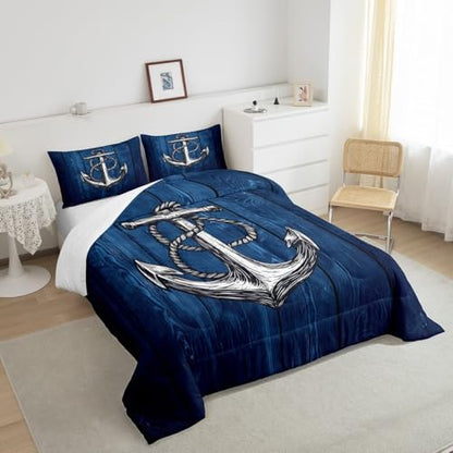 Anchor Nautical Comforter Set Twin,Rustic Farmhouse Style Bedding Set 2pcs for Kid Teen Adults Room Decor,Blue Wooden Board Down Comforter Vintage Maritime Adventure Duvet Insert with 1 Pillowcase
