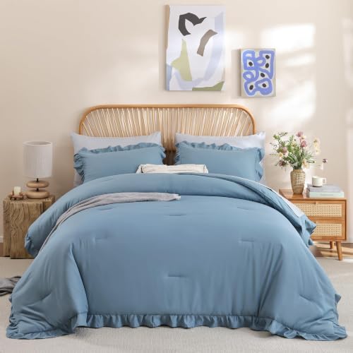 JANZAA Mineral Blue Comforter Set California King, Ruffle Soft Bedding