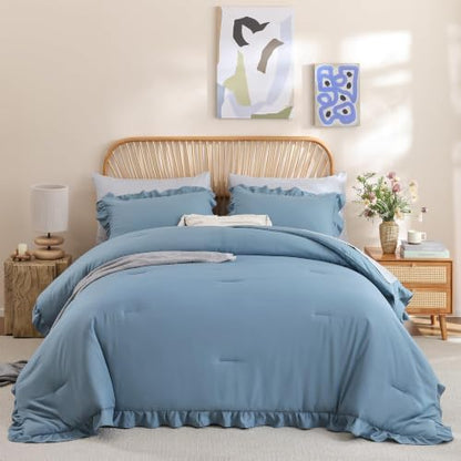 JANZAA Mineral Blue Comforter Set California King, Ruffle Soft Bedding