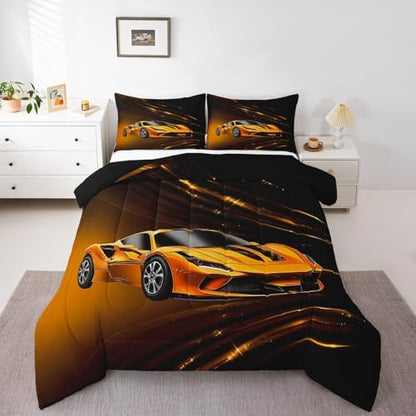 Feelyou Boys Yellow Race Car Bedding Set Toddle Size Speed Sports Car Comforter Set for Kids Teens Adult Fast and Furious Duvet Set Yellow Ombre Quilt Set 2Pcs