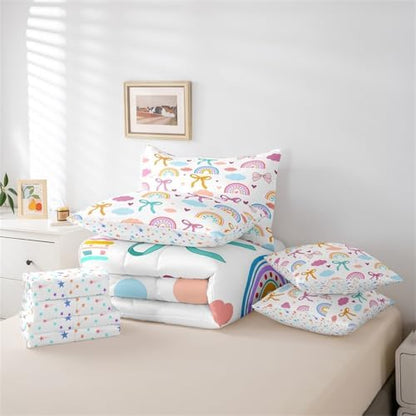 Erosebridal Kawaii Rainbow 7 Piece Bedding Set, Watercolor Clouds Bow Knot Queen Comforter Set with Sheets Ribbon Bowknot Dreamy Princess Style Bed in a Bag, Cute Room Decor Aesthetic
