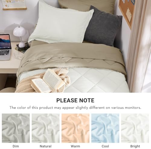 MUXHOMO 5 Pieces Twin XL Comforter Set, Reversible Bed in a Bag Twin XL Size, All Season Bedding Set with Comforter, Flat Sheet, Fitted Sheet, Pillowcases & Shams, Ivory & Khaki
