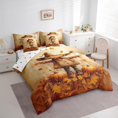 Erosebridal Autumn Farm Twin Comforter Set 7 Piece for Kids Boys Girls Scarecrow Fall Harvest Bed in A Bag with Sheets Pumpkin Maple Leaf Print Bedding Set Brown Retro Bed Set Room Decor