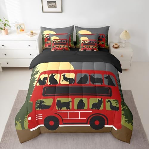 Erosebridal Kids Camping 7 Piece Comforter Set Full Bed in a Bag,Cartoon Camper Bedding for Kids Girls Boys,Camping Trip Sheet Set,Kawaii Giraffe Wolf Animals Silhouette Red Rv Car Quilt