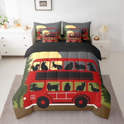 Erosebridal Kids Camping 7 Piece Comforter Set Full Bed in a Bag,Cartoon Camper Bedding for Kids Girls Boys,Camping Trip Sheet Set,Kawaii Giraffe Wolf Animals Silhouette Red Rv Car Quilt