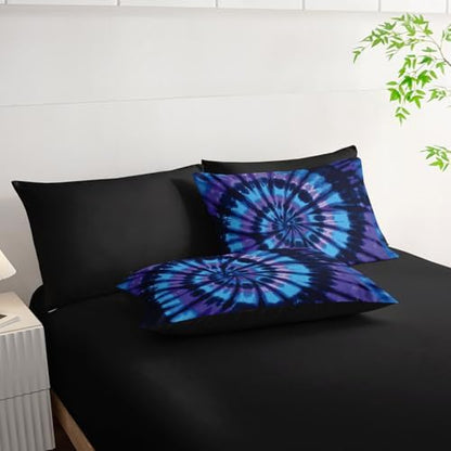 7Pcs Tie Dye Comforter Set Blue Spiral Printed Bedding Set with 1 Comforter, 1 Flat Sheet, 1 Fitted Sheet and 4 Pillowcases for Boys and Girls Bedroom (Spiral Full