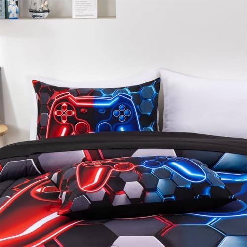 NTBED Queen 3 Pieces Game Comforter Set for Boys Girls Kids Gaming Lightweight Microfiber Gamer Bedding Sets Red Blue