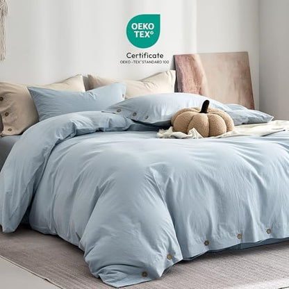 JELLYMONI 100% Washed Cotton Baby Blue Duvet Cover Full, Linen-Like
