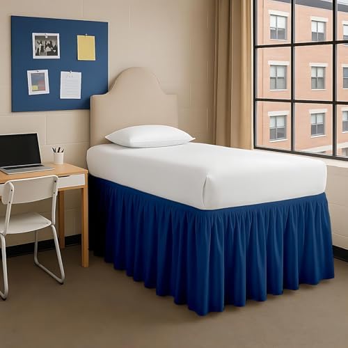 Dorm Bed Skirt Twin XL 38 Inch Drop, Easy to Install Extra Long Wrap Around Elastic Dust Ruffle, Bedskirt Solid Silky Fabric Machine Washable, Ruffled College Dorm Room Navy Blue