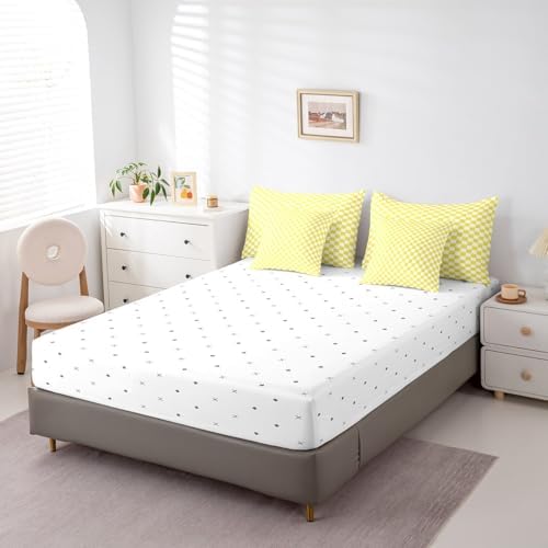 jejeloiu Yellow and White Bedding Set 7Pcs Queen Size Kids Plaid Checkered Comforter Set with Sheets for Boys Girls Classic Grid Buffalo Check Bed in a Bag Soft Lightweight,Microfiber
