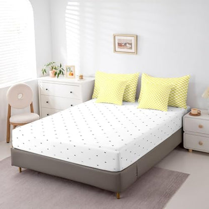 jejeloiu Yellow and White Bedding Set 7Pcs Queen Size Kids Plaid Checkered Comforter Set with Sheets for Boys Girls Classic Grid Buffalo Check Bed in a Bag Soft Lightweight,Microfiber
