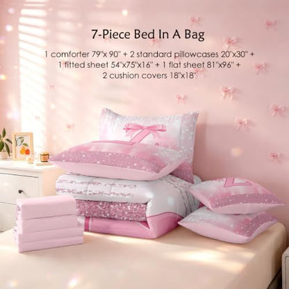 Feelyou Boys Girls Pink Bowknot 7 Pieces Bedding Set Full Size