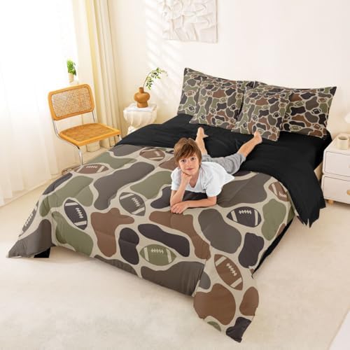 Erosebridal American Football 7 Piece Bedding Set Full Camo Comforter Set with Sheets Sports Theme Camouflage Printed Bed in a Bag Football Brown Green Camo for Kids Boys Teens